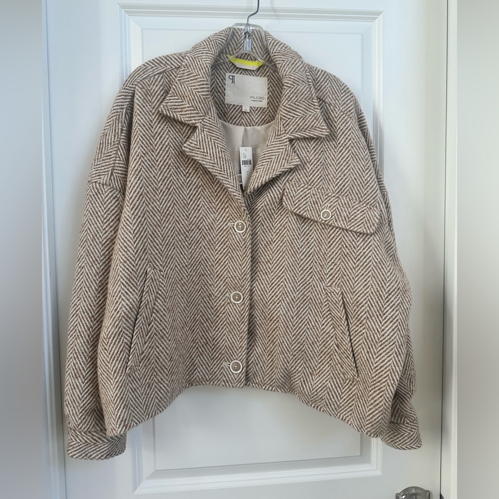 NWT sz L Pilcro Anthropologie Tan Herringbone Collared Tweed Jacket Boho Cocoon